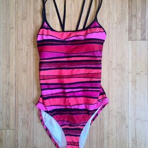 Speedo Red/Pink/Black Stripe Cross Back One-Piece Swimsuit Women's Size 14 NWOT